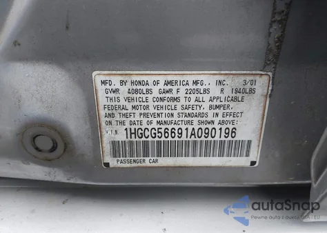 2001 Honda Accord 2.3 Ex z USA, uszkodzony, nr VIN 1HGCG56691A090196